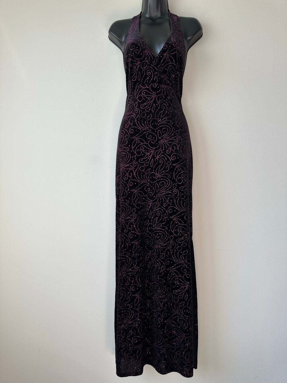 Vintage Y2K Morgan & Co Black Pink Velvet Glitter Halter Prom Maxi Dress L